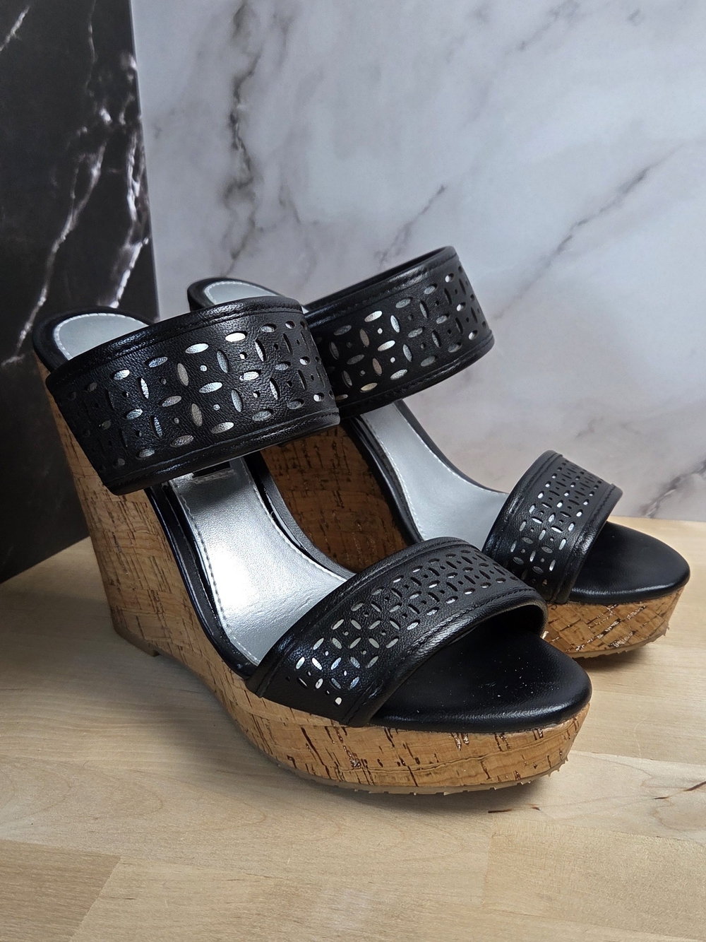 White House Black Market Jasper Black Perforated Leather Cork Wedge Mules